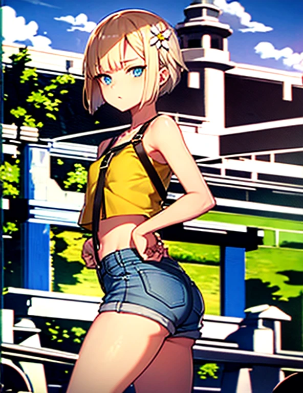 reines (blue eyes:1.7), ((blonde hair)), (((platinum blonde hair))) (small pert chest:1.2), standing slightly bent over ((her side to the viewer)), in front of a fence on a farm, BREAK collarbone, very ((yellow cropped shirt, red suspenders and denim daisy dukes)), ((exposed midriff)), bare arms, bare shoulders, bare legs, blushing, twenty-year old woman BREAK looking at viewer with eyes partially closed, BREAK outdoors, standing in front of a farm, BREAK (masterpiece:1.2), best quality, high resolution, unity 8k wallpaper, (illustration:0.8), (beautiful detailed eyes:1.6), extremely detailed face, perfect lighting, extremely detailed CG, (perfect hands, perfect anatomy), full body shot