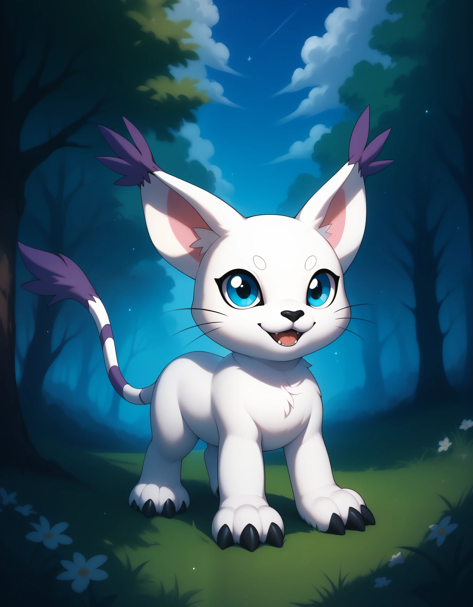  source_furry, absurdres, masterpiece, outstanding,, GATOMON, TAIL RING, RINGLESS, solo, digimon, in a forest, blue eyes, 