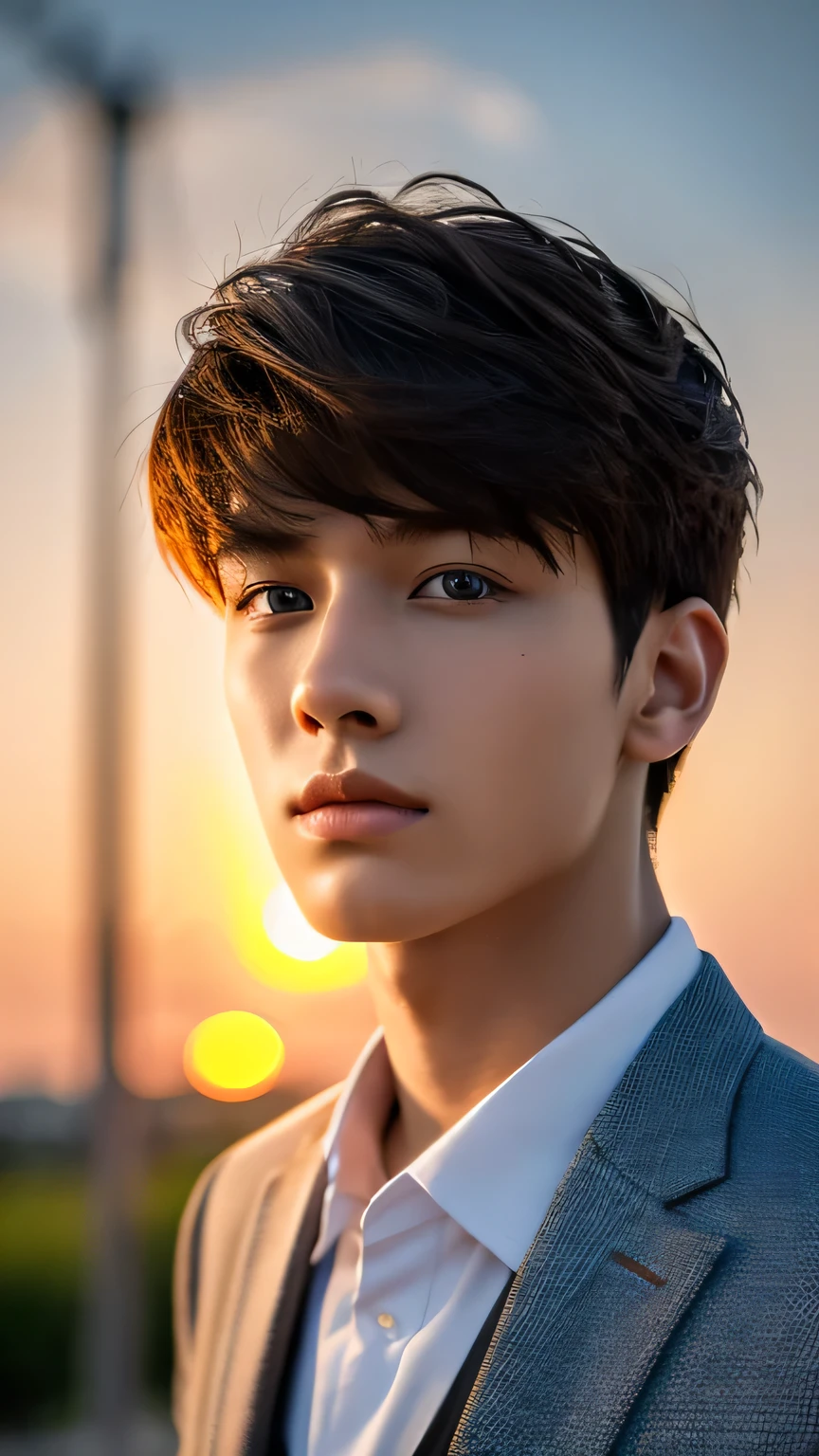 Highest quality, masterpiece, Ultra-high resolution, (Realistic: 1.4), Original photo, wallpaper, Head Photo, skin, Simple Background, Iris, detailed, Selfie, 1 boy, 18-year-old, good looking, Wind,suit、Sunset