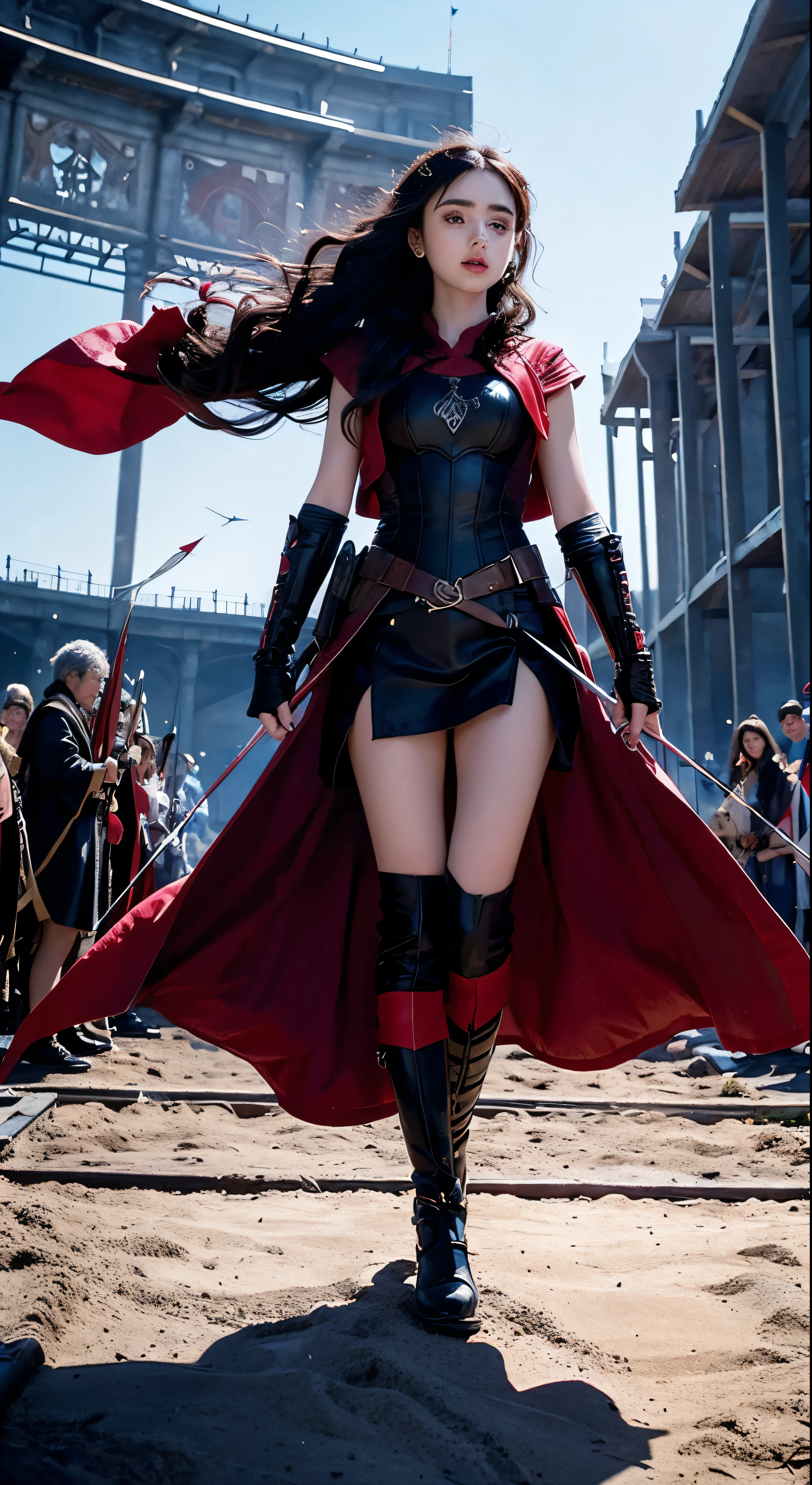 Lily Collins with black curly hair with red hood, medieval clothes, bow and arrow in hand, entering an arena landscape filled with bleachers and audience watching the illustration is detailed, smooth and bright, HD art by Citemer Liu