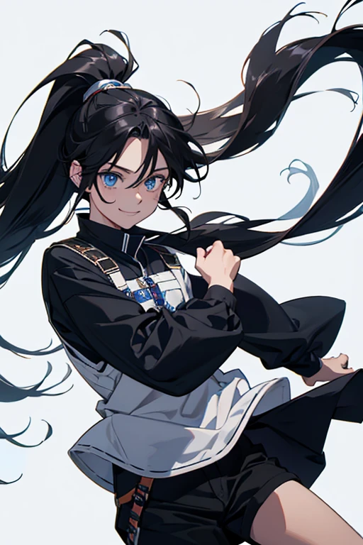 Gaze, Very long hair, Anatomically correct, Very long hair, ponytail, anime, Cowboy Shot, 8years old, boy, High resolution, falling, jumping, black hair, Simple Background, smile, blue eyes, Upside down,