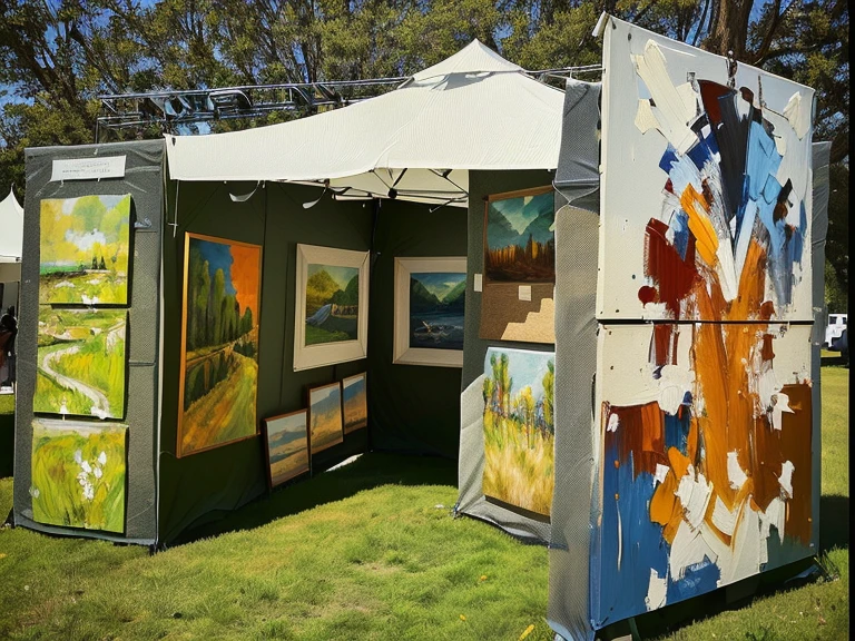 there is a tent with paintings on display in the grass, art stand, artststion, acrylic art, artist interpretation, featured in artscape, looking to the right, art work, art exhibition, art wall, exhibition of paintings, notan art, our art corner, artstaition, gallery setting, contemporary art, featured on artscape, artistic impression