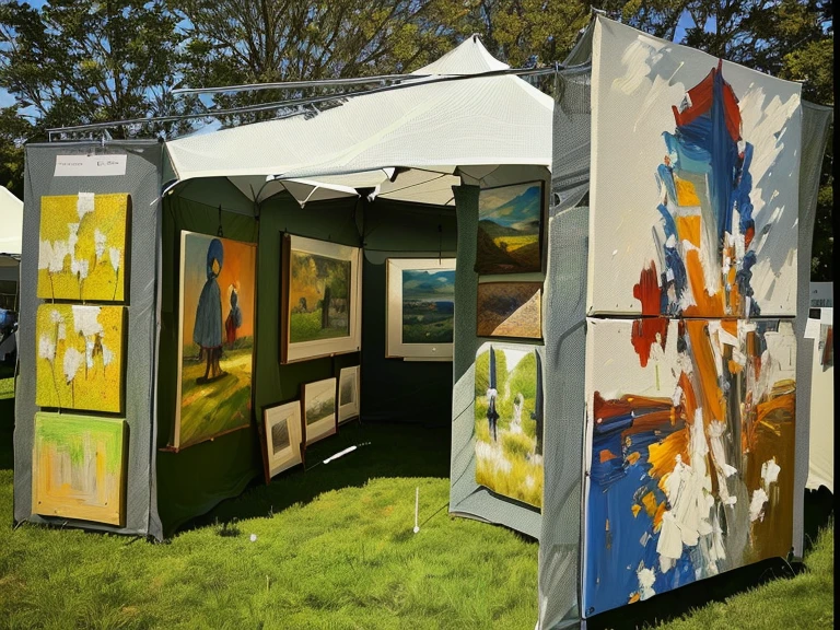 there is a tent with paintings on display in the grass, art stand, artststion, acrylic art, artist interpretation, featured in artscape, looking to the right, art work, art exhibition, art wall, exhibition of paintings, notan art, our art corner, artstaition, gallery setting, contemporary art, featured on artscape, artistic impression