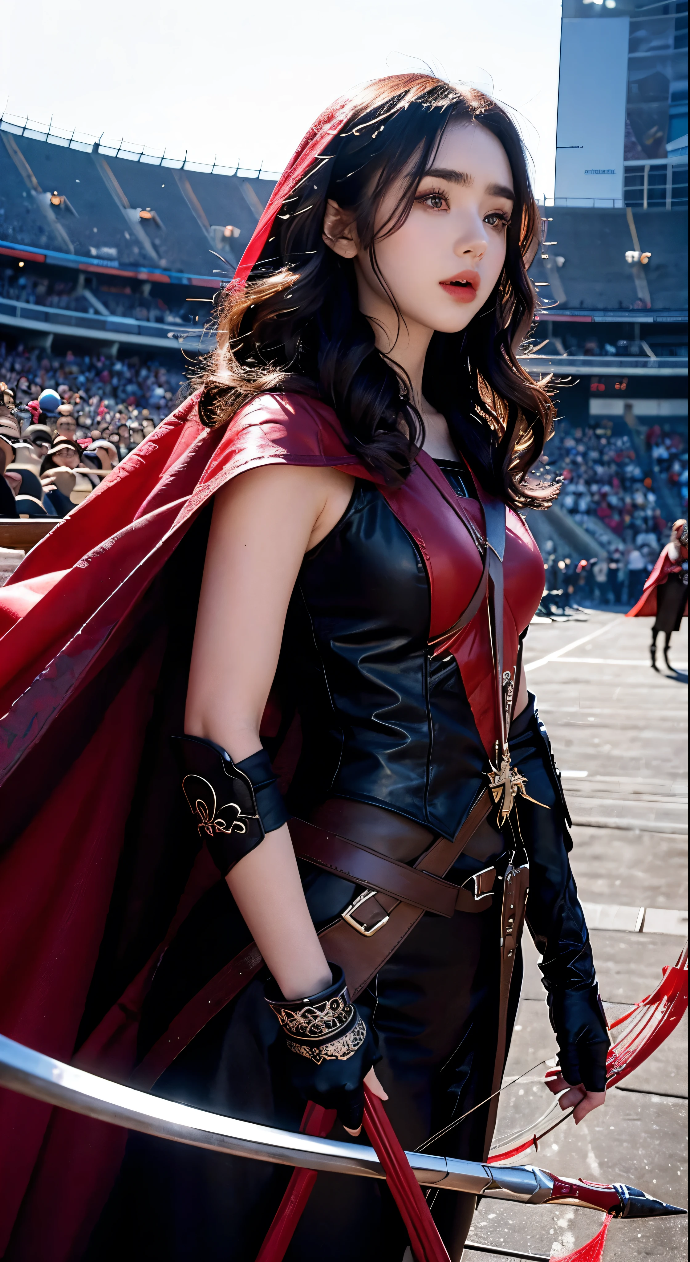 Lily Collins with black curly hair with red hood, medieval clothes, bow and arrow in hand, entering an arena landscape filled with bleachers and audience watching the illustration is detailed, smooth and bright, HD art by Citemer Liu