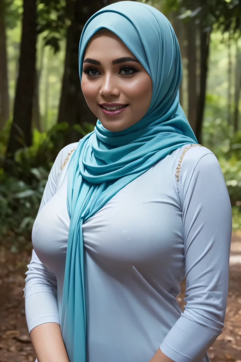 ((((HEAVY NIPPLES)))), Malay girl long white hijab , wear sexy pastel blue office outfit, suits, smiling, wear gold necklace, front view, windy, detail skin, age spot, detail skin texture, mole below eyes, wide hips, thick thighs, beautiful body, morning, laughing, happy, bright lighting, Forest in background, nighttime, blur background, bokeh, location: kuala lumpur forest