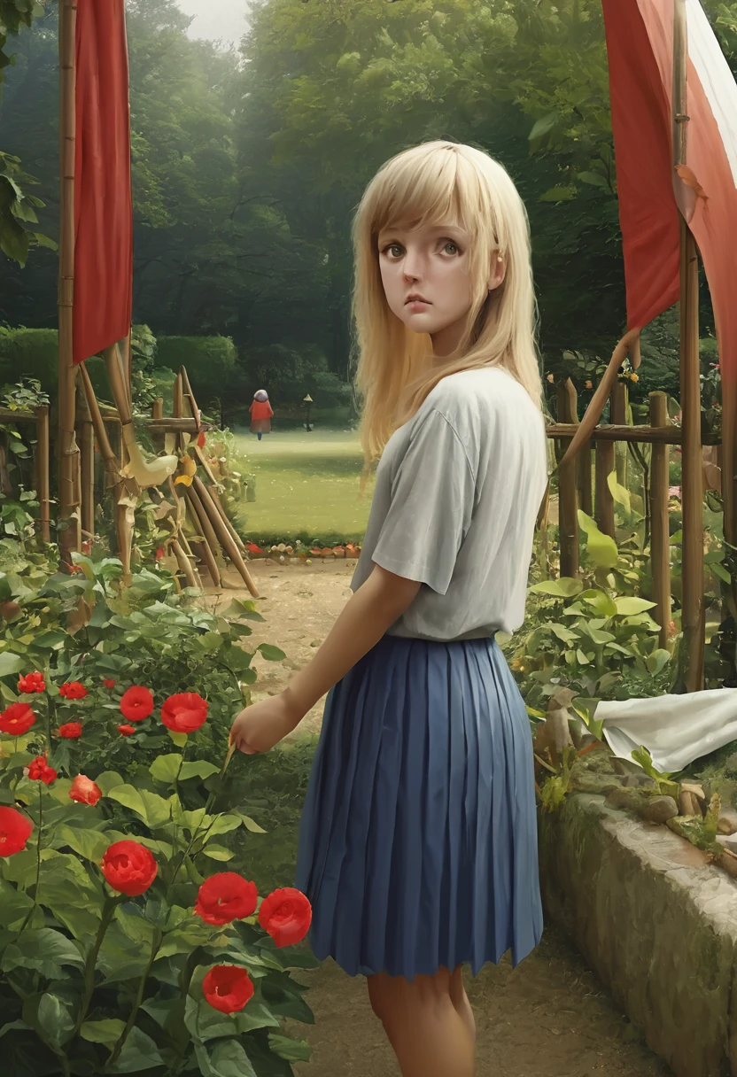 masterpiece, High resolution, Realistic, One girl, 18 and.○, bl○nde hair, l○ng hair,  Seraphim, sail○r_unif○rm, white_unif○rm, Blue pleated skirt, red sail○r c○llar, Are standing, garden