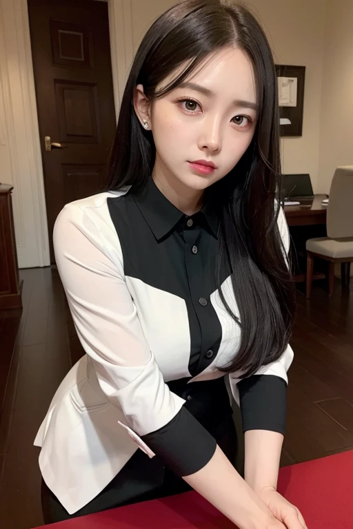Absurd, Tabletop, Highest quality, Hmph, One Girl, Woman, (Sharp focus), Villain's Smile, Medium chest, (長いblackい背景に髪), (Grey Eyes), (Detailed eyes), gothic lace outfit, black and Red theme, realism, black_city, Very detailed, Vivid, Intricate details, Realistic