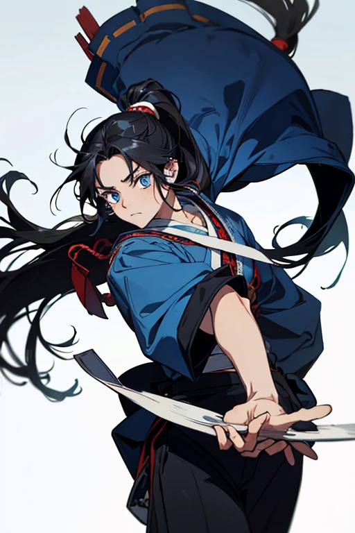Gaze, Very long hair, Anatomically correct, Very long hair, ponytail, anime, Cowboy Shot, 8years old, boy, High resolution, falling, jumping, black hair, Simple Background, blue eyes, Upside down, Gaze, Shrine maiden