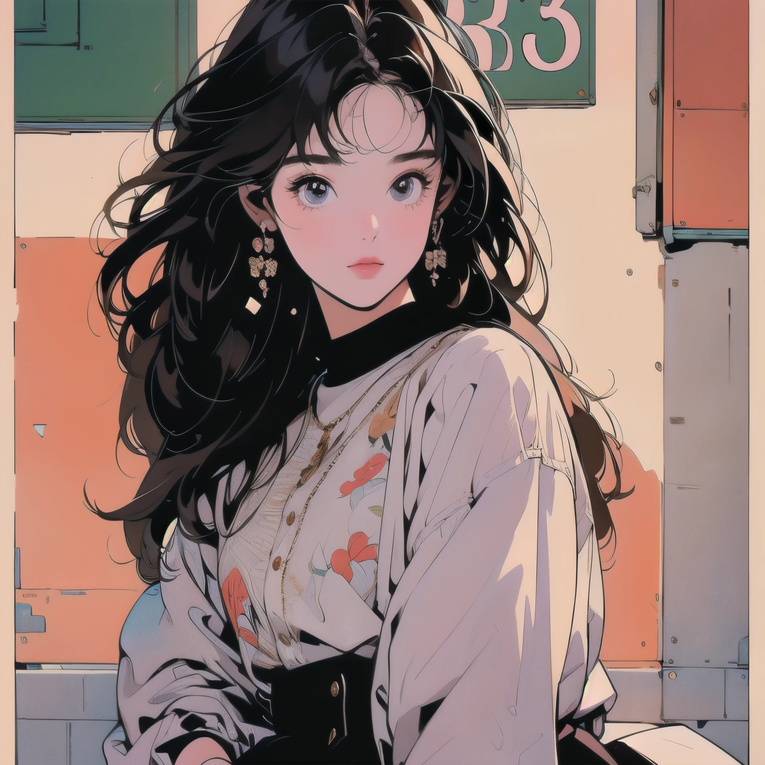 whole body, Upper Body、One beautiful woman, 4K, Warm colors , White blouse、skirt, pedestrian crossing、Signal, 、intersection、Complex background、Brown Hair、Detailed Hair、mysterious、Highest quality、Detailed Hair、Perfect Face、Showa poster、Faint lighting、Sparkling Eyes、A variety of unique hairstyles、Different angles、Skateboarding、Beauty、goddess