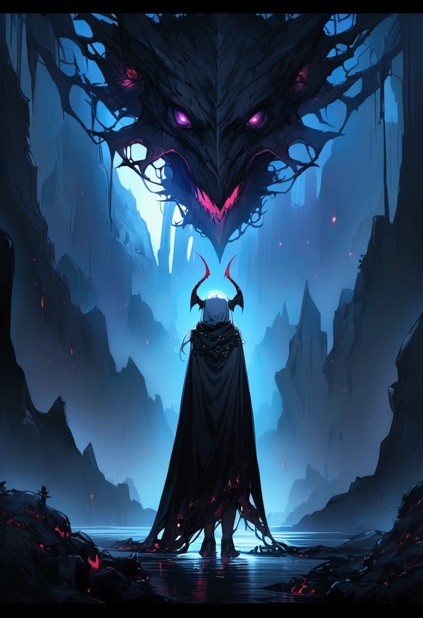 a female demon wrapped in a black cloak of darkness in the distance
