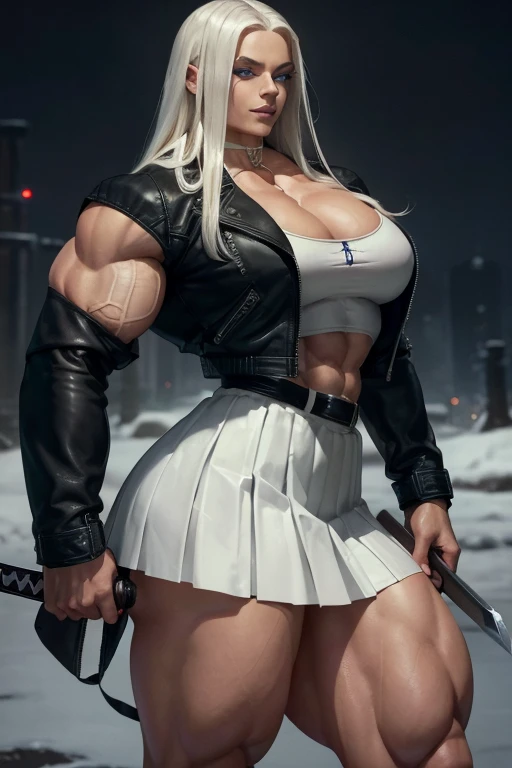 ((Close-up)), tall, (White hair) beautiful muscular woman, long straight hair, light brown skinned, closed smile, (black lipstick), (massive muscles), (hyper muscle), (ginormous bulky muscles), glowing blue eyes, ((leather jacket and long white pleated skirt)), (carrying a sword), choker, boots, night in Scotland, 