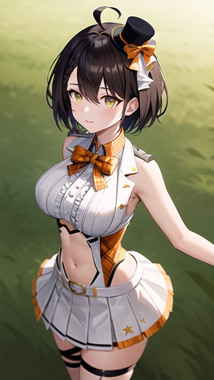 masterpiece, best quality, highres, eebalti, short hair, ahoge, french braid, mini hat, orange bow, plaid, sleeveless shirt, center frills, arm strap, white gloves, navel cutout, belt, white skirt, miniskirt, standing, cowboy shot, outdoors, field, arms at sides,