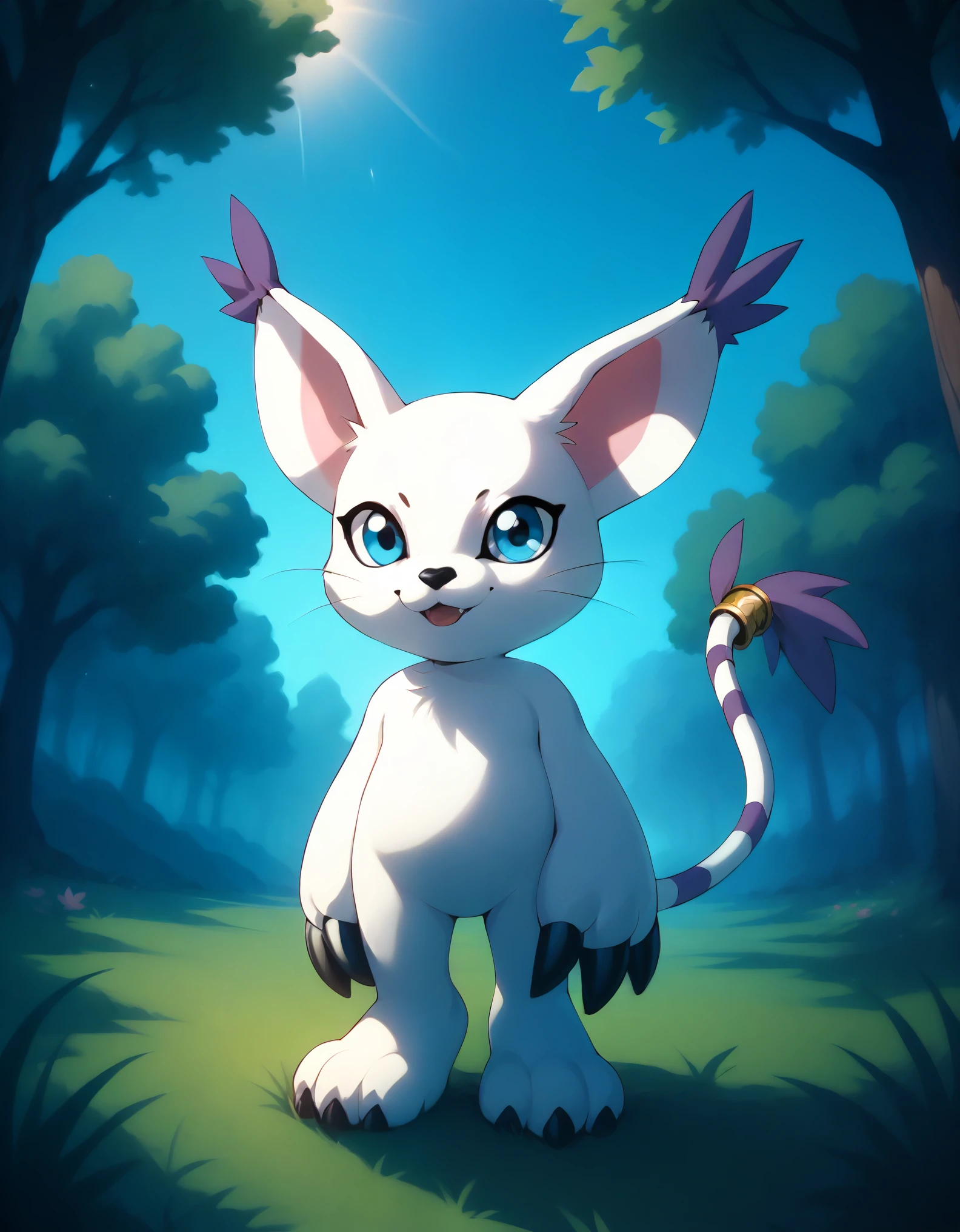  source_furry, absurdres, masterpiece, outstanding,, GATOMON, TAIL RING, RINGLESS, solo, digimon, in a forest, blue eyes, 