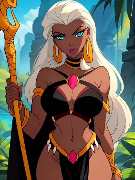 ((ultra quality)), ((masterpiece)), Queen_La_Tarzan, ((White-haired long hair)), (Beautiful face), (beautiful female lips), (), charming, ((sexy facial expression)), looks at the camera, (dark skin color), (dark skin), glare on the body, ((Detailed eyes)), ((Turquoise eyes)), (juicy female lips), (pink lipstick), (dark eyeliner), (beautiful female hands), ((ideal female figure)), ideal female body, beautiful waist, beautiful hips, medium breasts, ((subtle and beautiful)), stands seductively, (Holding a Golden Staff), (Wearing: cape, black crop-top, loincloth, golden arm bands, golden earrings) background: jungle, stone temple and stone structures, ((depth of field)), ((high quality clear image)), (clear details), ((high detail)), realistically, professional photo session, ((Clear Focus))