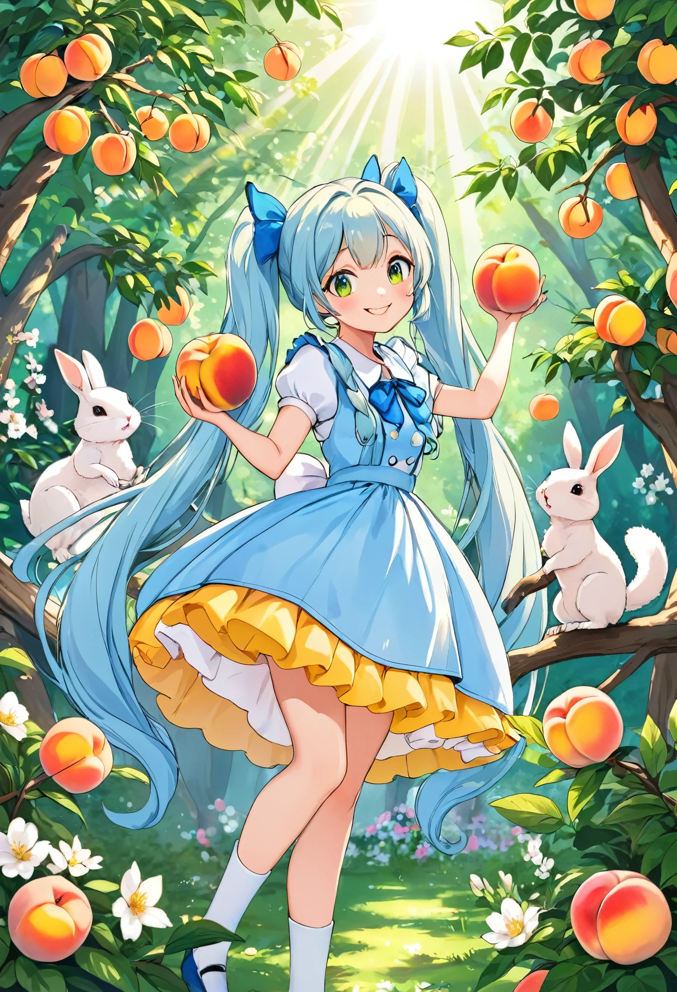 Light blue long hair、Beautiful girl with twin tails、Alice in Wonderland、Bright Forest、Bright smile、Sunlight filtering through the trees、A lot of peaches on a peach tree、Flowers at your feet々are blooming in abundance、The forest friends are watching the girl、Cute squirrels and rabbits also appear、Eating peaches with my forest friends