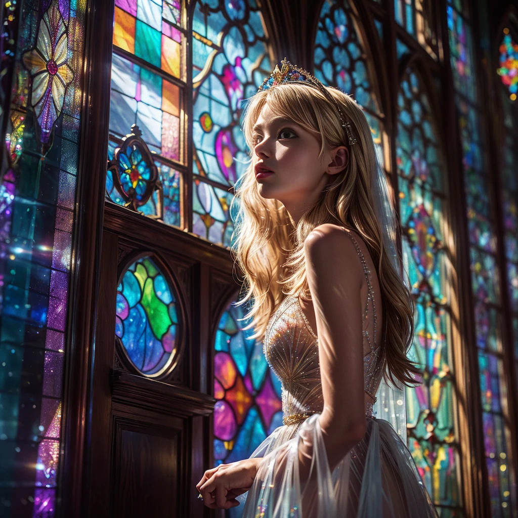 (Cathedral from below:1.28) (ZoomLayer) TopQuality 8K masterpiece of ((Professional photo)), (((Clarisse de Cagliostro))) (Detailed White WeddingDresses), Chain, (((Extremely detailed KAWAII face))) {((VeiledFace))|BlondeHair|(Elaborate BuleEyes)with(SparklingHighlights:1.28)}, The background is distant (((Elaborate stained glass))) Rainbow Glass, {(MysticSight)|EnchantingAtmosphere|Haze|(GodRays)|TyndallEffect}, Radiant PearlSkin with Transparency, (Exposed:0.39)