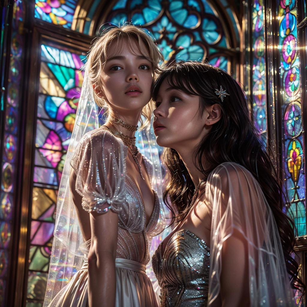 (Cathedral from below:1.28) (ZoomLayer) TopQuality 8K masterpiece of ((Professional photo)), (((Clarisse de Cagliostro))) (Detailed White WeddingDresses), Chain, (((Extremely detailed KAWAII face))) {((VeiledFace))|BlondeHair|(Elaborate BuleEyes)with(SparklingHighlights:1.28)}, The background is distant (((Elaborate stained glass))) Rainbow Glass, {(MysticSight)|EnchantingAtmosphere|Haze|(GodRays)|TyndallEffect}, Radiant PearlSkin with Transparency, (Exposed:0.39)