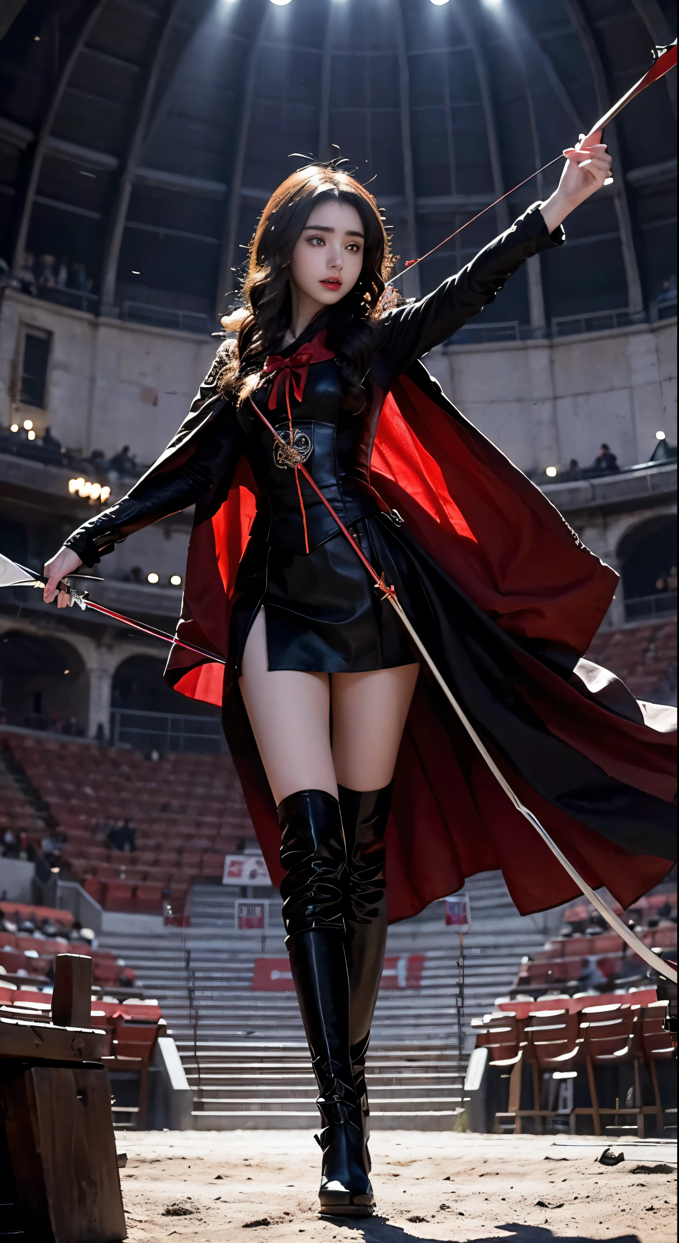 Lily Collins with black curly hair with red hood, medieval clothes, bow and arrow in hand, entering an arena landscape filled with bleachers and audience watching the illustration is detailed, smooth and bright, HD art by Citemer Liu