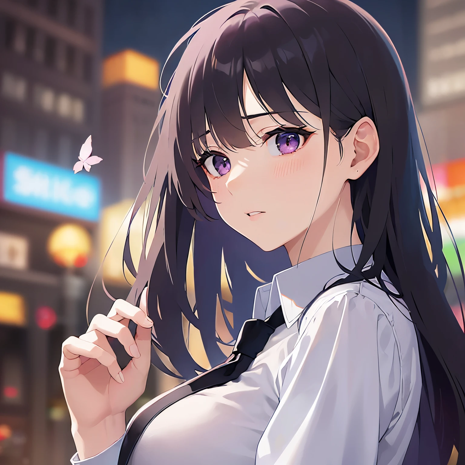 (looking away:1.5),Side shot、Hands over eyes、
Realistic, real person, (pale skin: 1.2), RAW photo, photorealistic, shiny skin, shiny hair、
(A 25-year-old woman with straight hair and bangs) and (medium hair) and (black hair) and (purple eyes) ,
(Wearing a business suit) and (Wearing a white collared shirt)、
Cleavage、blush,wiping tears,The background is the city at night