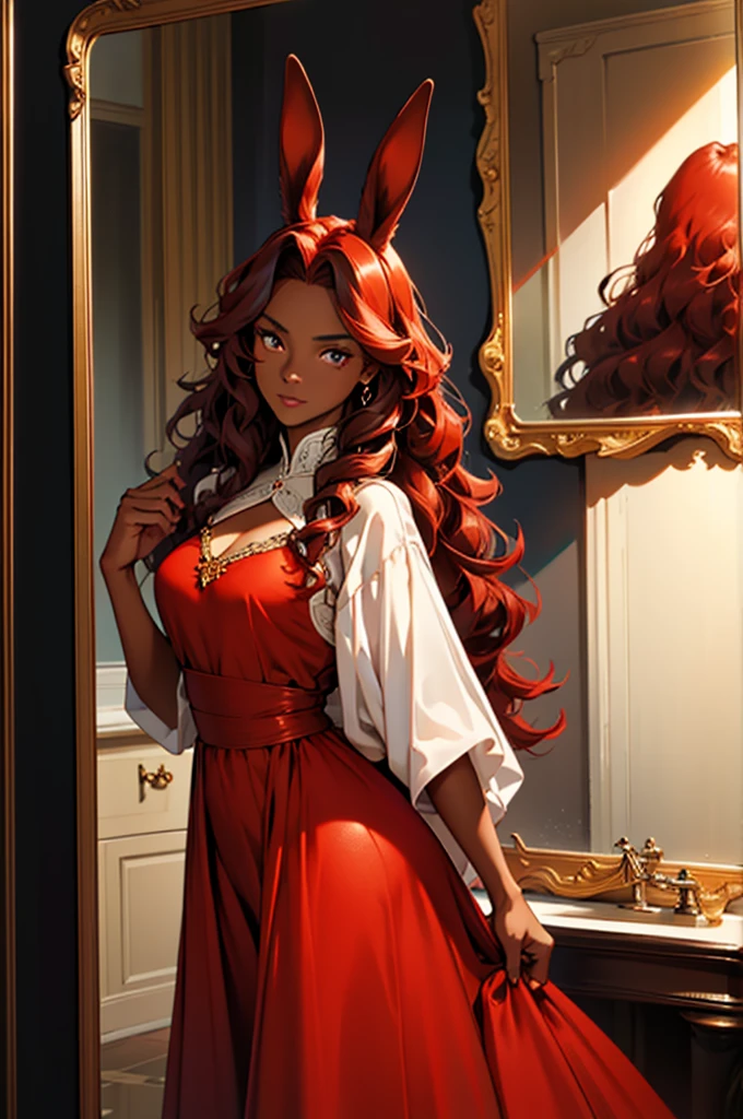 a warm black skinned woman with horse ears long curly hair copper red color and amber eyes wearing an elegant red dress seeing her reflection in the mirror in a realistic humanoid dark room. (de corpo inteiro)