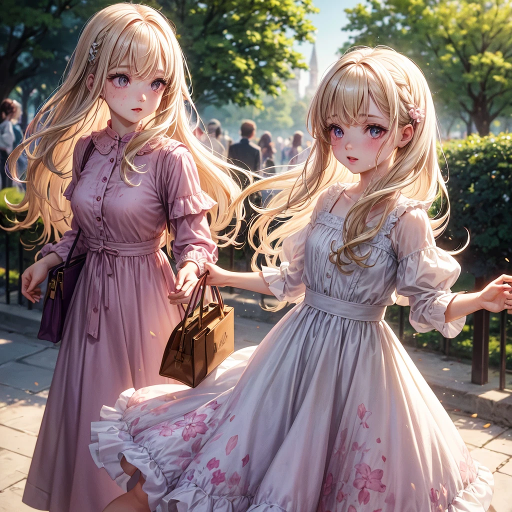 Pale skinned girl, splattered nose, pink lips, almond-shaped lilac eyes with an angelic appearance, removing her long wavy light blonde hair, wears a vintage style dress with a bag in hand in a public park