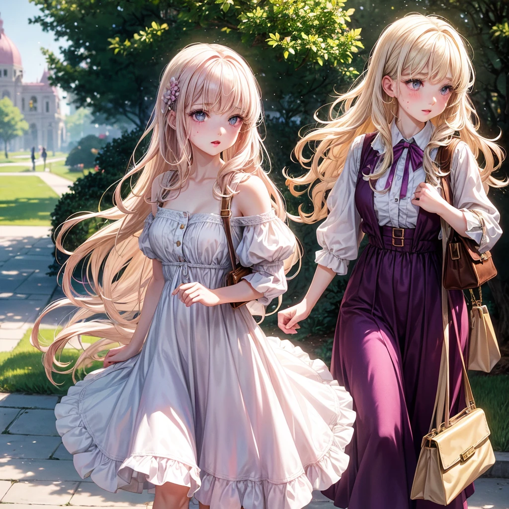Pale skinned girl, splattered nose, pink lips, almond-shaped lilac eyes with an angelic appearance, removing her long wavy light blonde hair, wears a vintage style dress with a bag in hand in a public park