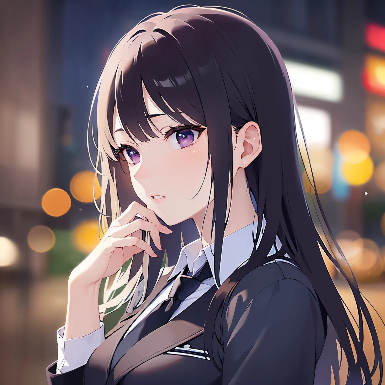 (looking away:1.5),Side shot、Hands over eyes、
Realistic, real person, (pale skin: 1.2), RAW photo, photorealistic, shiny skin, shiny hair、
(A 25-year-old woman with straight hair and bangs) and (medium hair) and (black hair) and (purple eyes) ,
(Wearing a business suit) and (Wearing a white collared shirt)、
Cleavage、blush,wiping tears,The background is the city at night