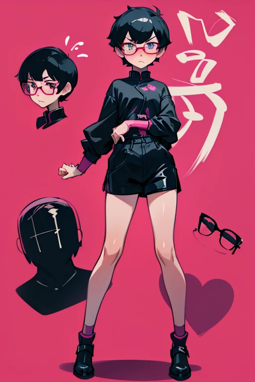 Really embarrassed Asian tomboy girl with black short hair and glasses, In verry sexy pink and black lingerie ,full body, ashamed pose and expresion