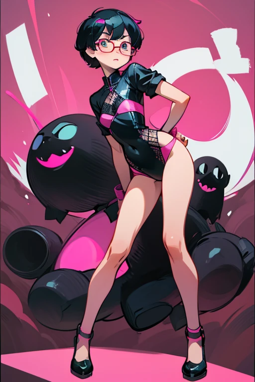 Really embarrassed Asian tomboy girl with black short hair and glasses, In verry sexy pink and black lingerie ,full body, ashamed pose and expresion