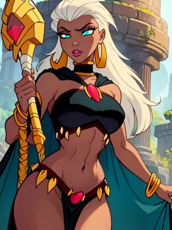 ((ultra quality)), ((masterpiece)), Queen_La_Tarzan, ((White-haired long hair)), (Beautiful face), (beautiful female lips), (), charming, ((sexy facial expression)), looks at the camera, (dark skin color), (dark skin), glare on the body, ((Detailed eyes)), ((Turquoise eyes)), (juicy female lips), (pink lipstick), (dark eyeliner), (beautiful female hands), ((ideal female figure)), ideal female body, beautiful waist, beautiful hips, medium breasts, ((subtle and beautiful)), stands seductively, (Holding a Golden Staff), (Wearing: cape, black crop-top, loincloth, golden arm bands, golden earrings) background: jungle, stone temple and stone structures, ((depth of field)), ((high quality clear image)), (clear details), ((high detail)), realistically, professional photo session, ((Clear Focus))
