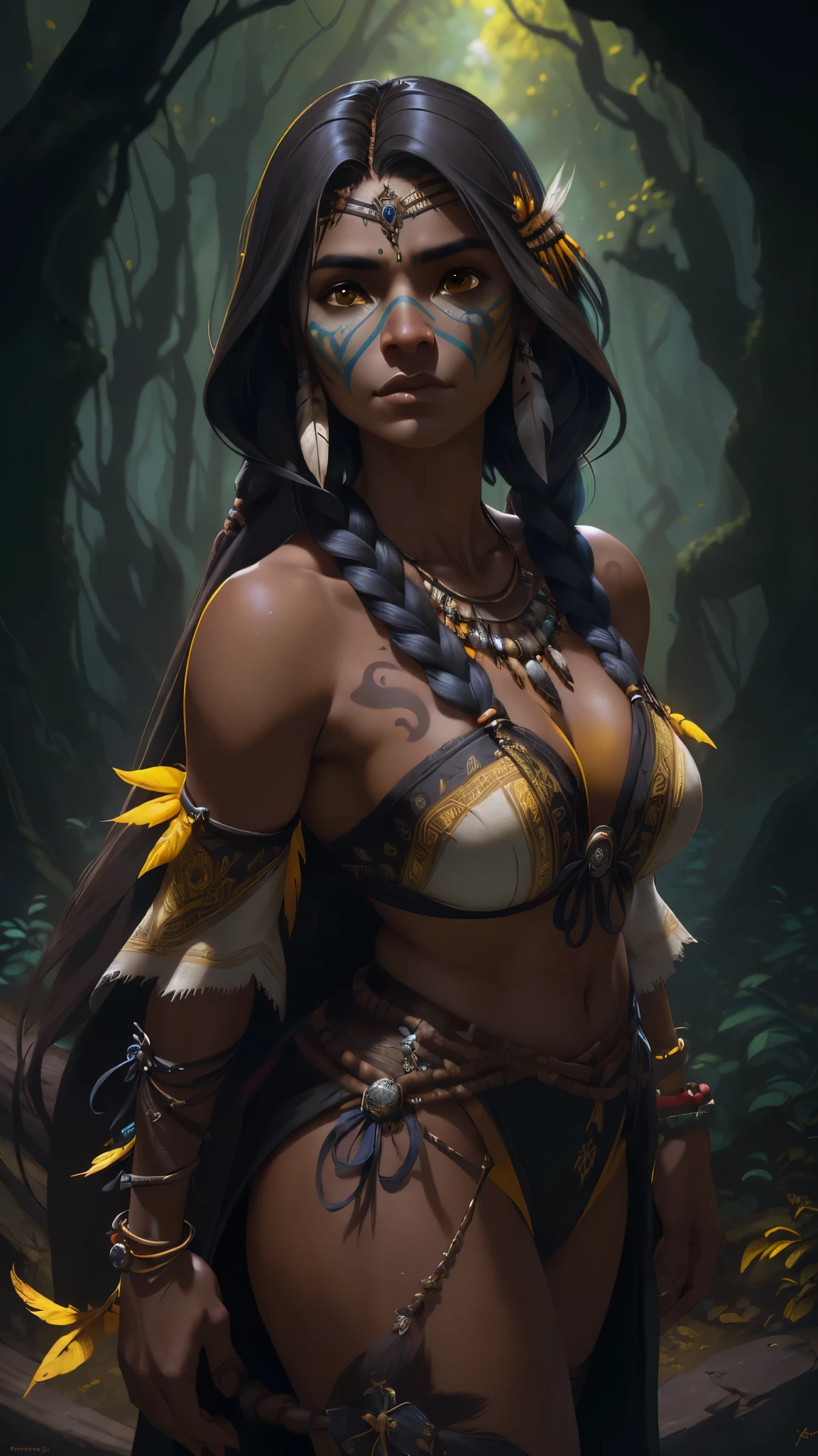 (La mejor calidad,A high resolution,Ultra - detallado,actual),Ariana Grande es una American native Indian, plumas en la cabeza ,(Native American:1.4), (dark ebony skin:1.4) ,(vestimenta yellow native American :1.4), feather,hair ornaments,jewelry,necklace,Tribal,Head ornament,Bracelet,Face Paint,Braiding,bracelet, Wow_fast_no_Freezing_style, One girl in full growth,(Fondo Los pastizales y matorrales :1.4), (Fondo de ruinas de mazmorra en ruinas selva pradera :1.4 ), Epic Fantasy Art Style HD, 4K fantasy art, epic fantasy digital art style, epic fantasy art style, Fantasy Woman, epic fantasy art portrait, Epic fantasy style, hyperrealistic fantasy art, hd fantasy art, Epic fantasy character art, epic fantasy art, in style of dark fantasy art, epic fantasy digital art, (pose vaquero), (anatomía perfecta :1.4),( fondo bosque árboles grandes pradera :1.4),( estilo encaje lingerie white :1.4), (face detailed America native :1.4), (native American :V2.1),( pose vaquero), (fondo árboles grandes atoño :1.4), (dark ebony skin:1.4), (hermosa guerrera native india:1.4)