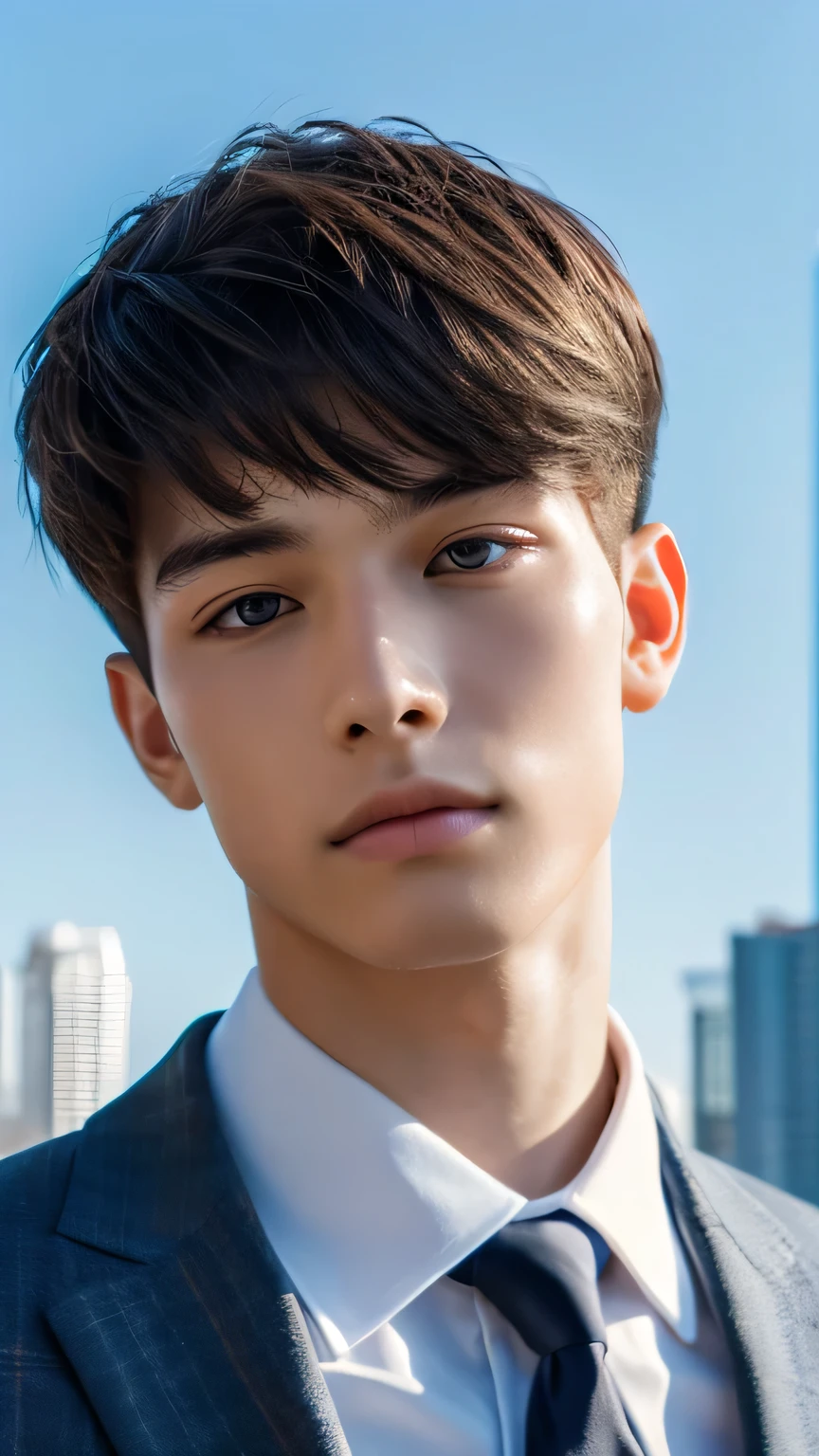 Highest quality, masterpiece, Ultra-high resolution, (Realistic: 1.4), Original photo, wallpaper, Head Photo, skin, Simple Background, Iris, detailed, Selfie, 1 boy, 18-year-old, good looking, Wind,suit