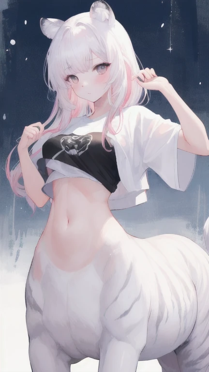 (best quality, masterpiece), 1 girl, centaur, It takes, White skin, Korean ,daughter, black pink,Smiling, exposing the abdomen, belly button t-shirt , 아름다운 소녀 perfect white tiger photo, perfect white tiger photo