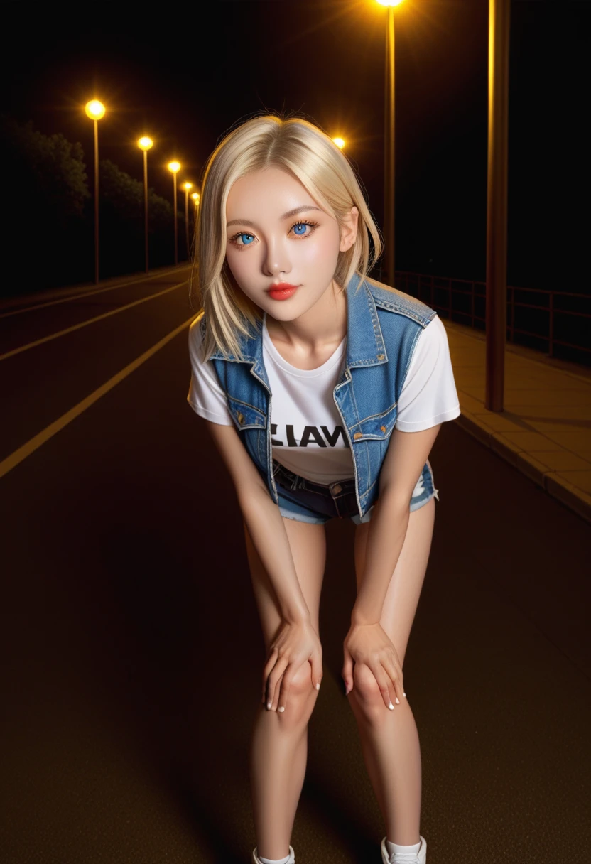 ((masterpiece, best quality, photography, RAW quality)), (pretty blonde with white hair, perfect face, blue eyes, clear pupil), (straight hair, jean shorts, white t-shirt and jean jacket, tight-fitting, showing off her perfect body), ((legs open, bent over, looking at the viewer, one hand on the waist and the other near the knee)), lonely highway at night, classic lamps projecting rays of visible conical light.