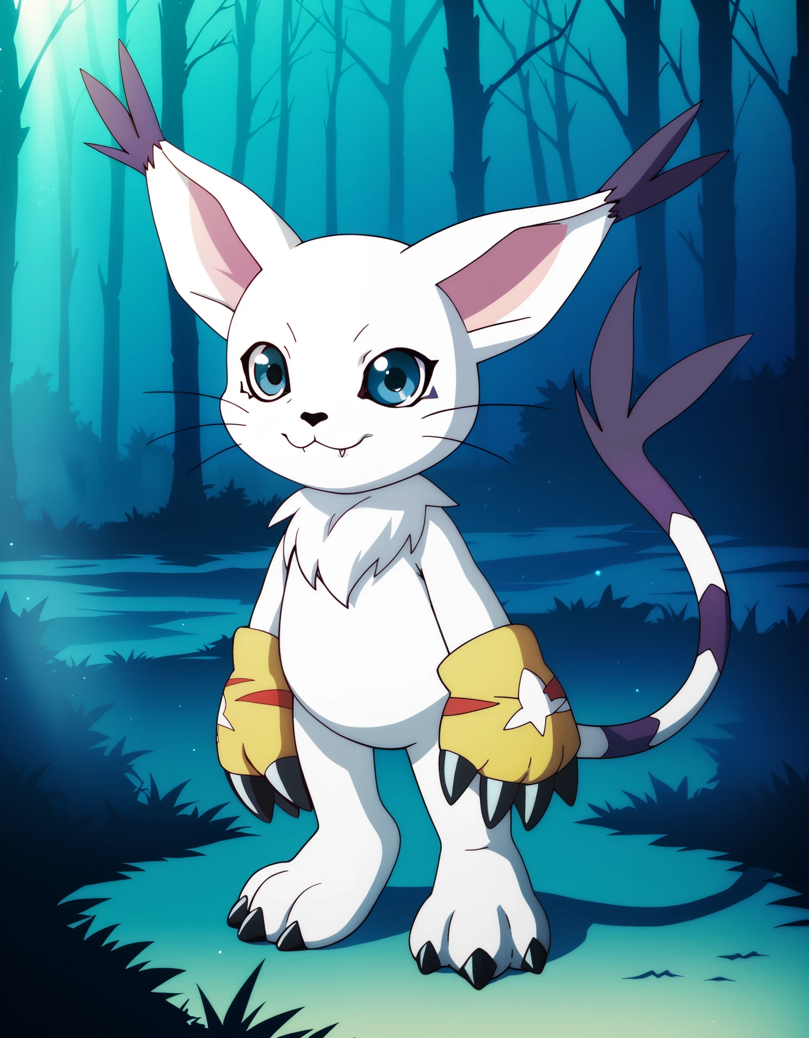  source_furry, absurdres, masterpiece, outstanding,, GATOMON, TAIL RING, RINGLESS, solo, digimon, in a forest, blue eyes, 