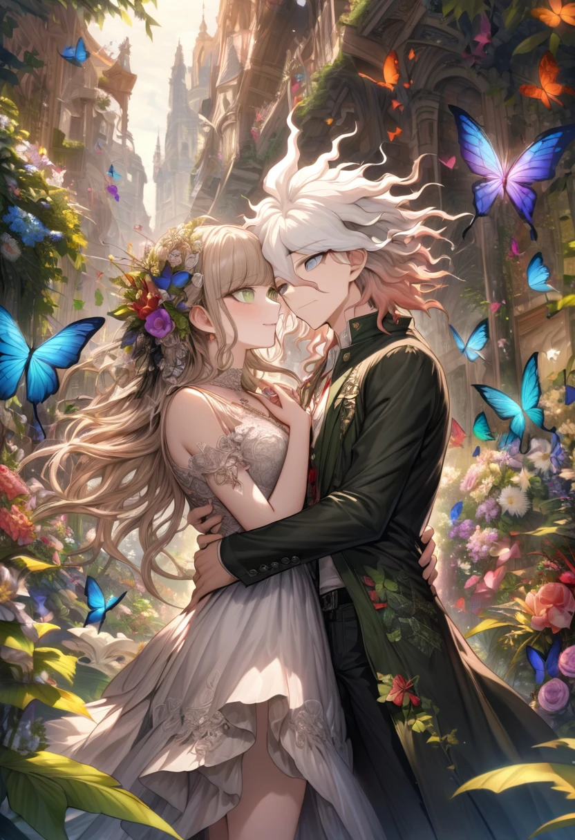 Ultra detailed, HDR, Highres, absurdres, master piece, Aida, ash blonde hair, expressive green eyes, Komaeda Nagito, white hair, expressive green-gray eyes, black clothes, Danganronpa 2, flowers, butterflies, fantasy, magical, green leaves, summer, a beautiful woman together with a handsome man, couple, love, happy, 