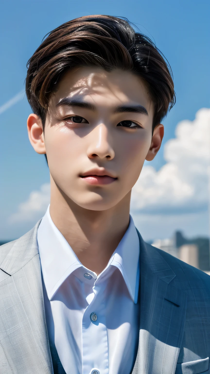 Highest quality, masterpiece, Ultra-high resolution, (Realistic: 1.4), Original photo, wallpaper, Head Photo, skin, Simple Background, Iris, detailed, Selfie, 1 boy, 18-year-old, good looking, Wind,suit