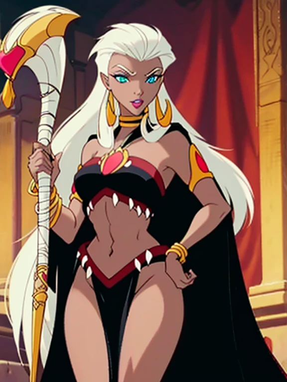 ((ultra quality)), ((masterpiece)), Queen_La_Tarzan, ((White-haired long hair)), (Beautiful face), (beautiful female lips), (), charming, ((sexy facial expression)), looks at the camera, (dark skin color), (dark skin), glare on the body, ((Detailed eyes)), ((Turquoise eyes)), (juicy female lips), (pink lipstick), (dark eyeliner), (beautiful female hands), ((ideal female figure)), ideal female body, beautiful waist, beautiful hips, medium breasts, ((subtle and beautiful)), stands seductively, (Holding a Golden Staff), (Wearing: cape, black crop-top, loincloth, golden arm bands, golden earrings) background: jungle, stone temple and stone structures, ((depth of field)), ((high quality clear image)), (clear details), ((high detail)), realistically, professional photo session, ((Clear Focus))
