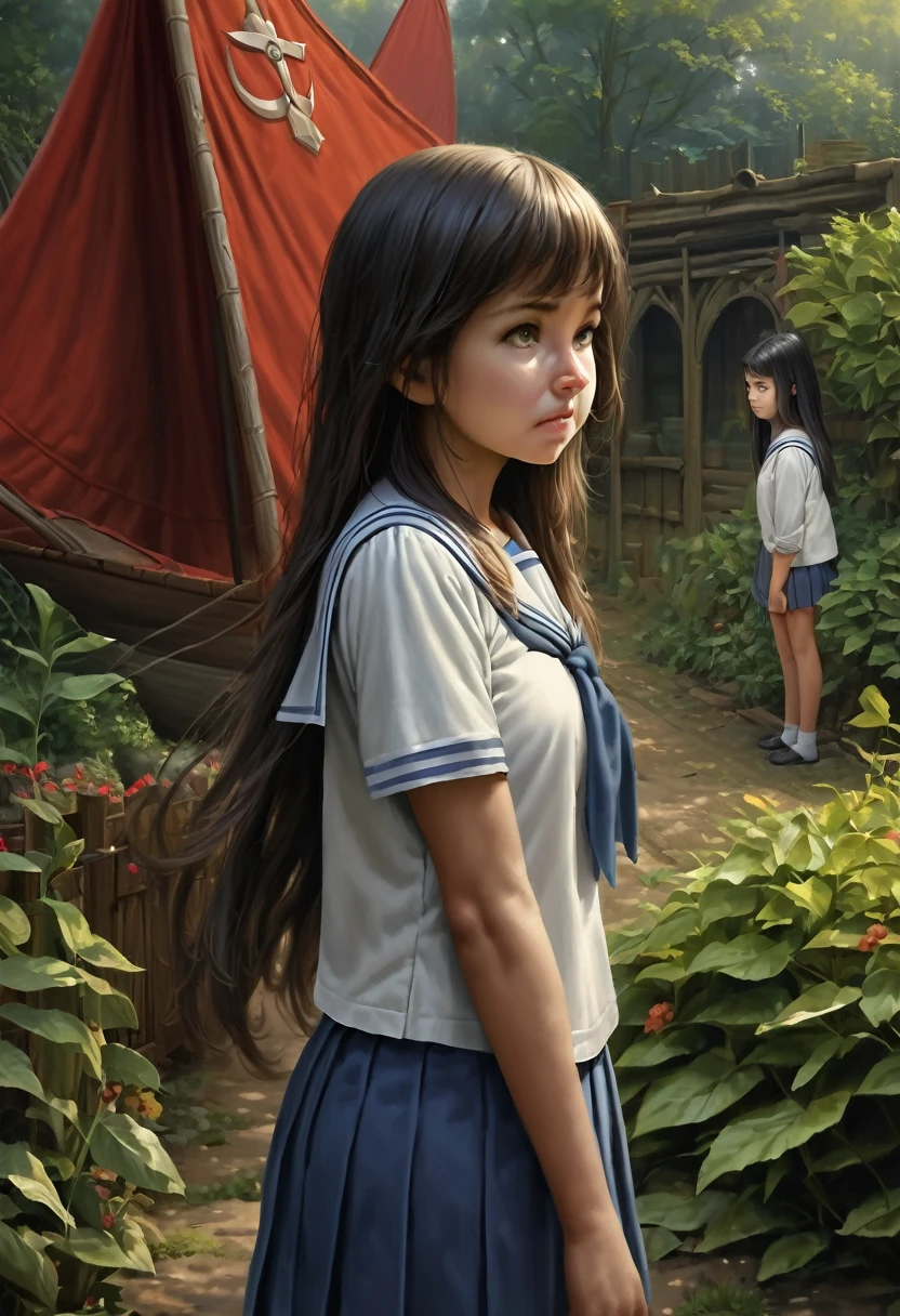 masterpiece, High resolution, Realistic, One girl, , Black Hair, long hair,  Seraphim, sailor_uniform, white_uniform, Blue pleated skirt, red sail○r collar, Are standing, garden
