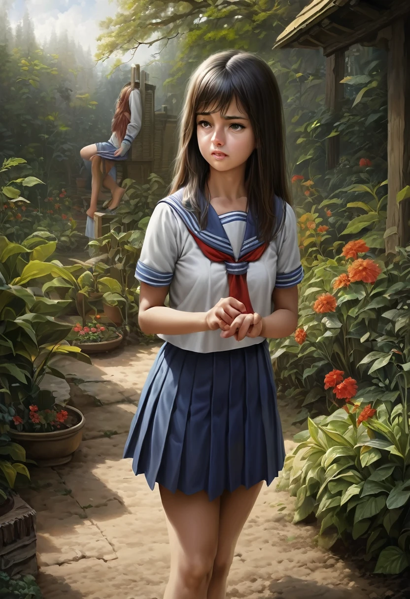 masterpiece, High resolution, Realistic, One girl, 16 years old, Black Hair, long hair, Seraphim, sailor_uniform, white_uniform, Blue pleated skirt, red sail○r collar, Are standing, garden