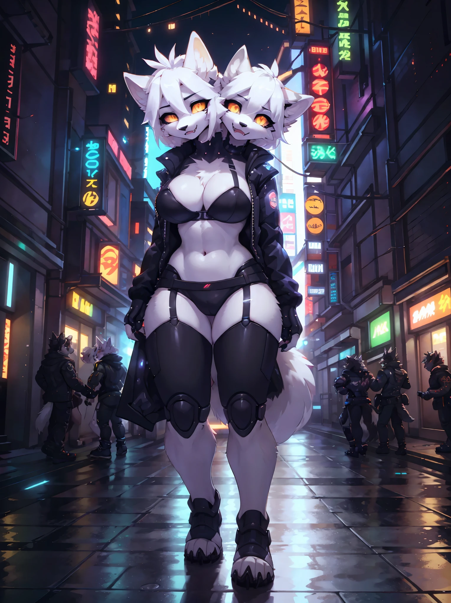 A Girl with 2 Heads, white Furry Wolf girl, black white, beautiful yellow eyes, Black sclera, white hair, cyberpunk outfit, jacket, robot parts, thicc, hight details, busty, fangs, in the streets,