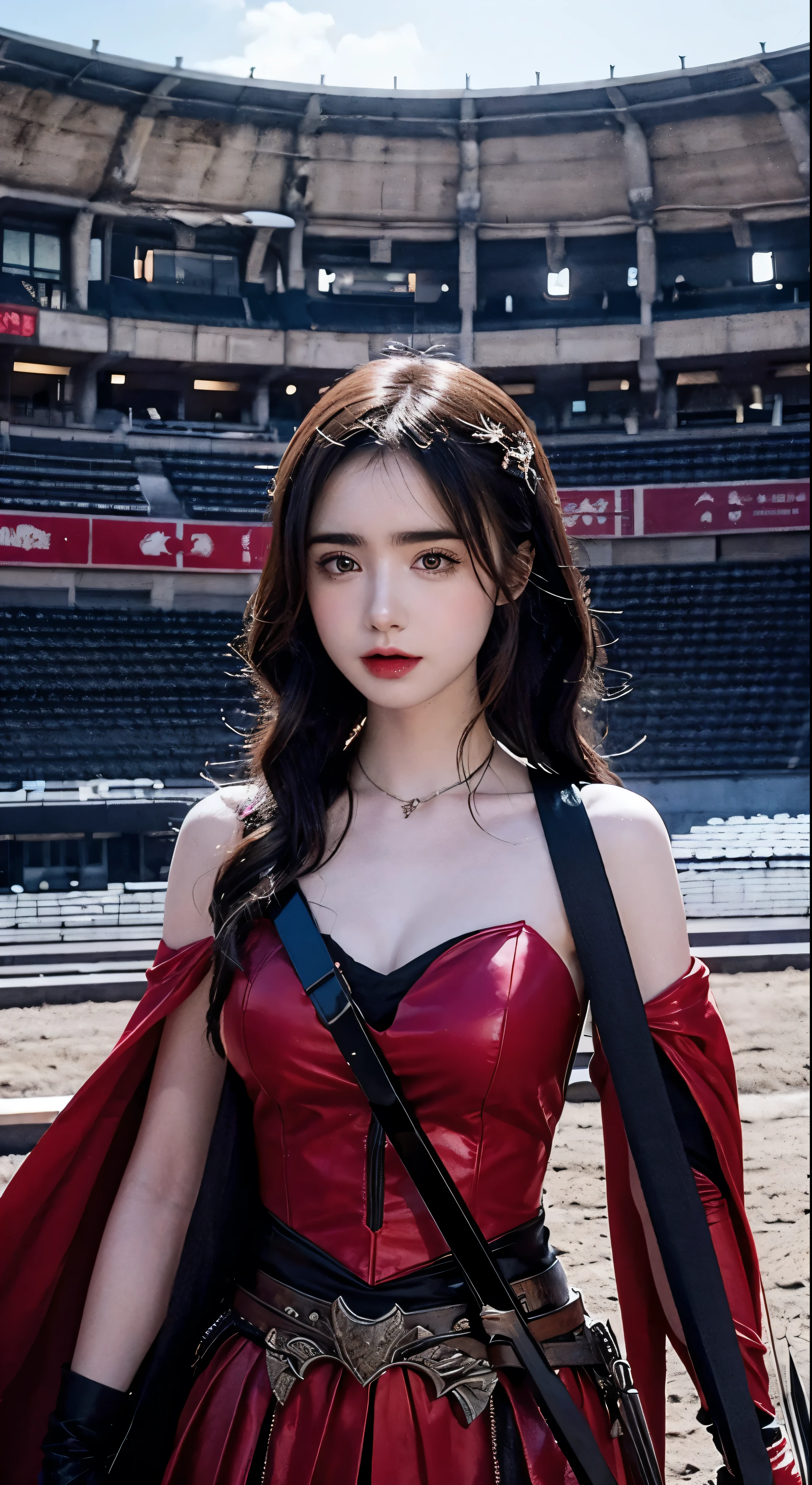 Lily Collins with black curly hair with red hood, medieval clothes, bow and arrow in hand, entering an arena landscape filled with bleachers and audience watching the illustration is detailed, smooth and bright, HD art by Citemer Liu