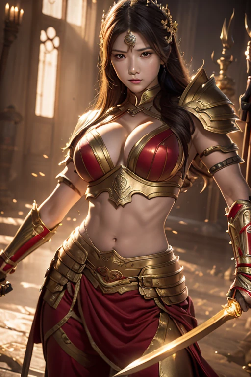 8k,Close-up of a goddess holding a sacred sword, Gorgeous large chest armor, sexly超美人(Like the real thing)Goddess of War,Slender body,Muscular Beauty,Muscular woman,Sharp Eyes,He has a big and gorgeous holy sword.,Beautiful long red hair,Strongly defined abdominal muscles,sexly,Highly detailed artwork, Alexandra Fomina Art Station, 2. 5d cgi anime Fantasy artwork, Woman in red armor, Armor Girl, Fan Art Best Art Station, Amazing character art, Kschat Krentz Key Art Feminine, Chengwei Pan at Art Station,Ultra-high resolution,Luxury Red Large Mist Chest Armor,Luxury red combat pants,gorgeous red gauntlet,Luxury red shoulder pad,luxurious red waist armor,Fantasy art,Extremely strong and defined abs,Slim, muscular legs,Very large breasts,Fighting Pose,Dynamic pose with sword,shout,anger,anger,Golden Hair Ornament,French female goddess,Golden Eyes,