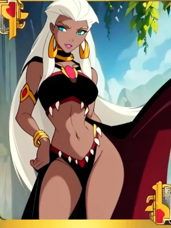 ((ultra quality)), ((masterpiece)), Queen_La_Tarzan, ((White-haired long hair)), (Beautiful face), (beautiful female lips), (), charming, ((sexy facial expression)), looks at the camera, (dark skin color), (dark skin), glare on the body, ((Detailed eyes)), ((Turquoise eyes)), (juicy female lips), (pink lipstick), (dark eyeliner), (beautiful female hands), ((ideal female figure)), ideal female body, beautiful waist, beautiful hips, medium breasts, ((subtle and beautiful)), stands seductively, (Holding a Golden Staff), (Wearing: cape, black crop-top, loincloth, golden arm bands, golden earrings) background: jungle, stone temple and stone structures, ((depth of field)), ((high quality clear image)), (clear details), ((high detail)), realistically, professional photo session, ((Clear Focus))
