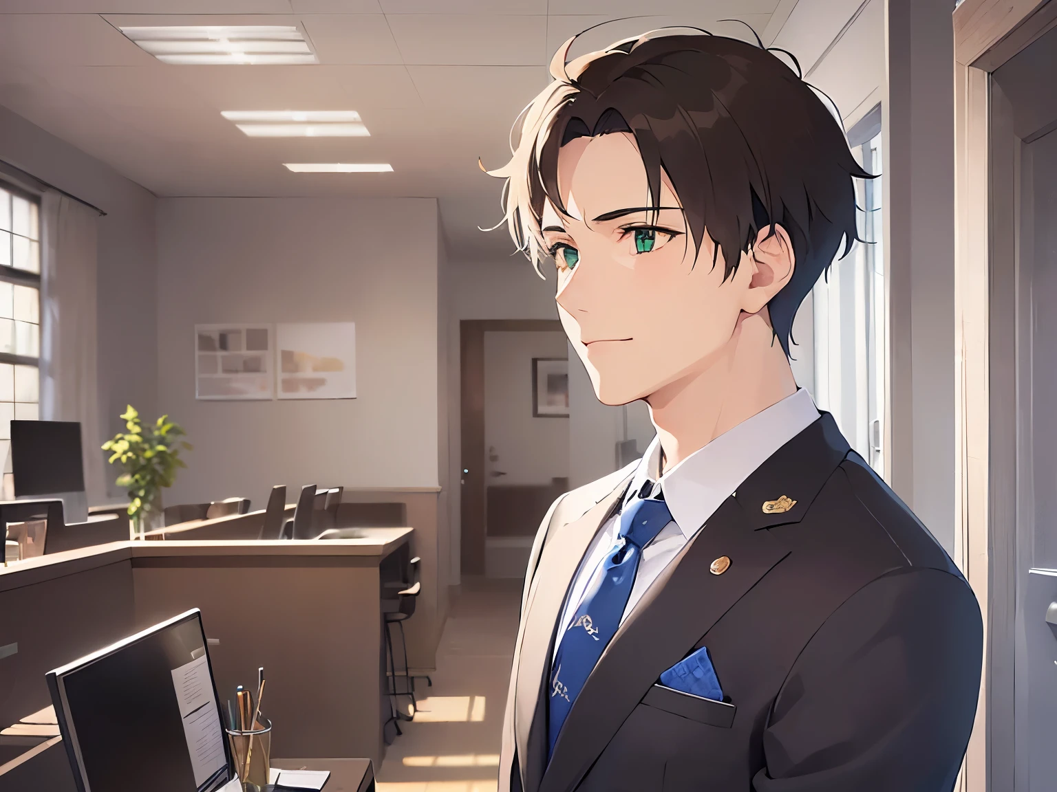(27 year old male:1.5),(Brown short hair),(Green Eyes),BREAK(Wearing a suit:1.5) and (Blue tie)BREAK,(A light smile),The background is in front of my desk at work,alone,side angle,(looking away:1.5)