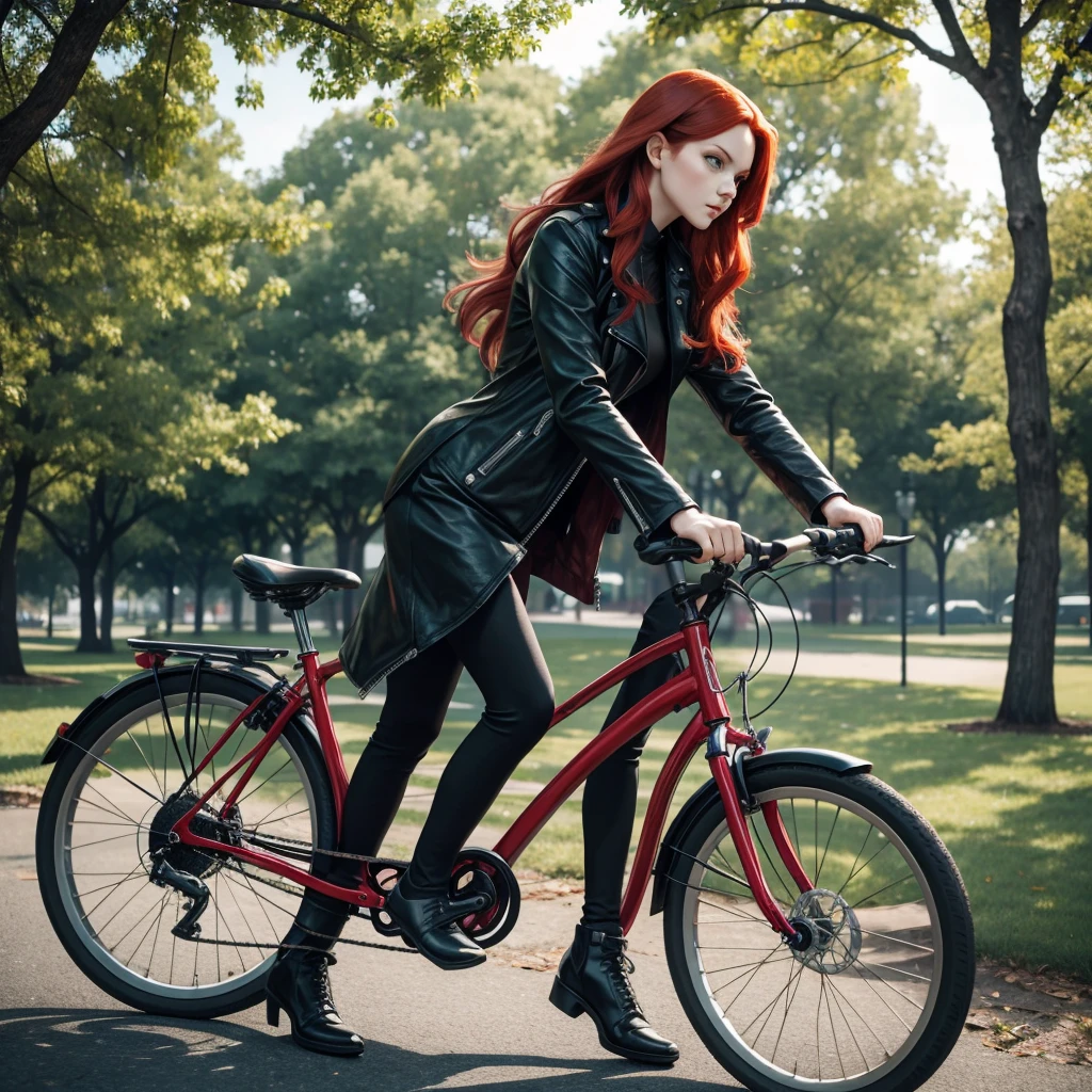 A woman walking on a bike on a Park, dressing leather clothes. She is long red-hair, green eyes,