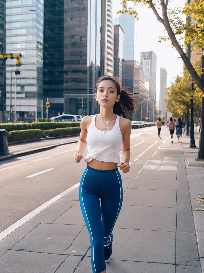  girl jogging in the city before going to the gym, ((((((real life image))))) (((slim))), (((petite)))