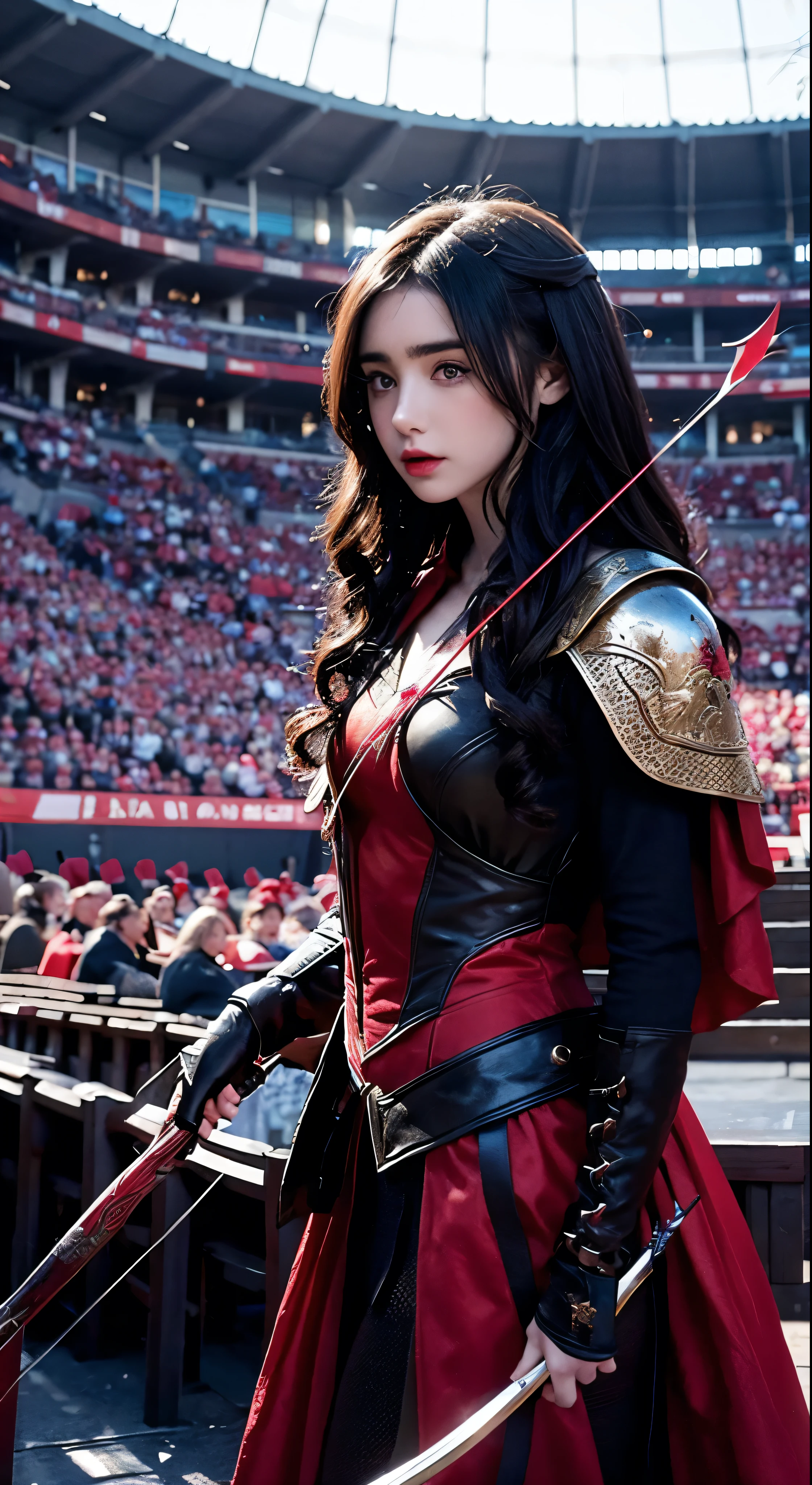 Lily Collins with black curly hair with red hood, medieval clothes, bow and arrow in hand, entering an arena landscape filled with bleachers and audience watching the illustration is detailed, smooth and bright, HD art by Citemer Liu