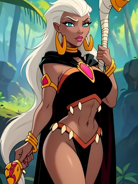 ((ultra quality)), ((masterpiece)), Queen_La_Tarzan, ((White-haired long hair)), (Beautiful face), (beautiful female lips), (), charming, ((sexy facial expression)), looks at the camera, (dark skin color), (dark skin), glare on the body, ((Detailed eyes)), ((Turquoise eyes)), (juicy female lips), (pink lipstick), (dark eyeliner), (beautiful female hands), ((ideal female figure)), ideal female body, beautiful waist, beautiful hips, medium breasts, ((subtle and beautiful)), stands seductively, (Holding a Golden Staff), (Wearing: cape, black crop-top, loincloth, golden arm bands, golden earrings) background: jungle, stone temple and stone structures, ((depth of field)), ((high quality clear image)), (clear details), ((high detail)), realistically, professional photo session, ((Clear Focus))
