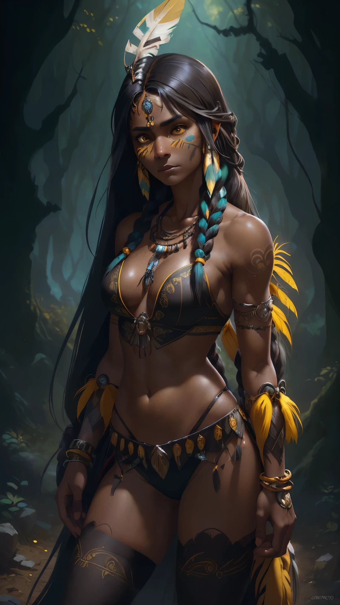 (La mejor calidad,A high resolution,Ultra - detallado,actual),Ariana Grande es una American native Indian, plumas en la cabeza ,(Native American:1.4), (dark ebony skin:1.4) ,(vestimenta yellow native American :1.4), feather,hair ornaments,jewelry,necklace,Tribal,Head ornament,Bracelet,Face Paint,Braiding,bracelet, Wow_fast_no_Freezing_style, One girl in full growth,(Fondo Los pastizales y matorrales :1.4), (Fondo de ruinas de mazmorra en ruinas selva pradera :1.4 ), Epic Fantasy Art Style HD, 4K fantasy art, epic fantasy digital art style, epic fantasy art style, Fantasy Woman, epic fantasy art portrait, Epic fantasy style, hyperrealistic fantasy art, hd fantasy art, Epic fantasy character art, epic fantasy art, in style of dark fantasy art, epic fantasy digital art, (pose vaquero), (anatomía perfecta :1.4),( fondo bosque árboles grandes pradera :1.4),( estilo encaje lingerie white :1.4), (face detailed America native :1.4), (native American :V2.1),( pose vaquero), (fondo árboles grandes atoño :1.4), (dark ebony skin:1.4), (hermosa guerrera native india:1.4) 